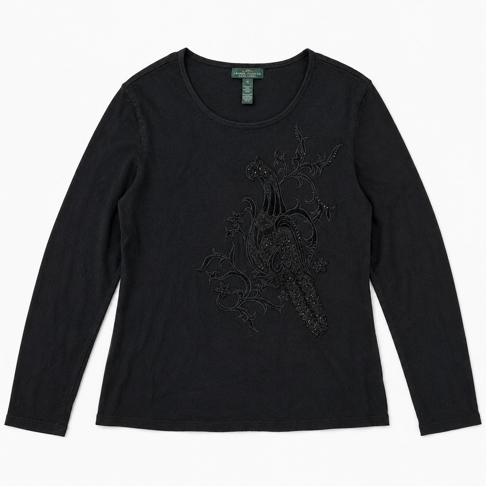 Lauren Ralph‎ Lauren Black Beaded Peacock Top Long Sleeve Cotton XL Quiet Luxury